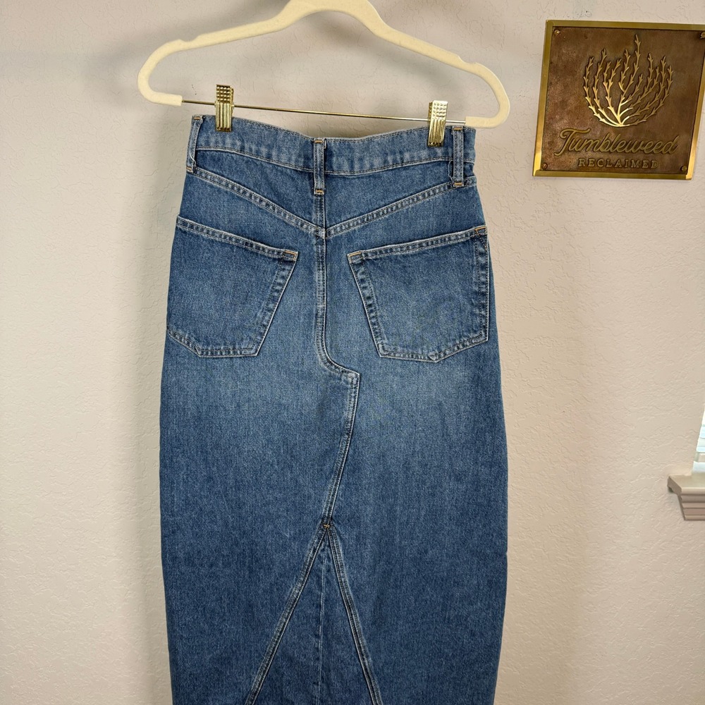 Gap Womens Medium Wash High Rise Denim Midi Skirt Raw Hem Front Slit Size 24 00 - Picture 7 of 7